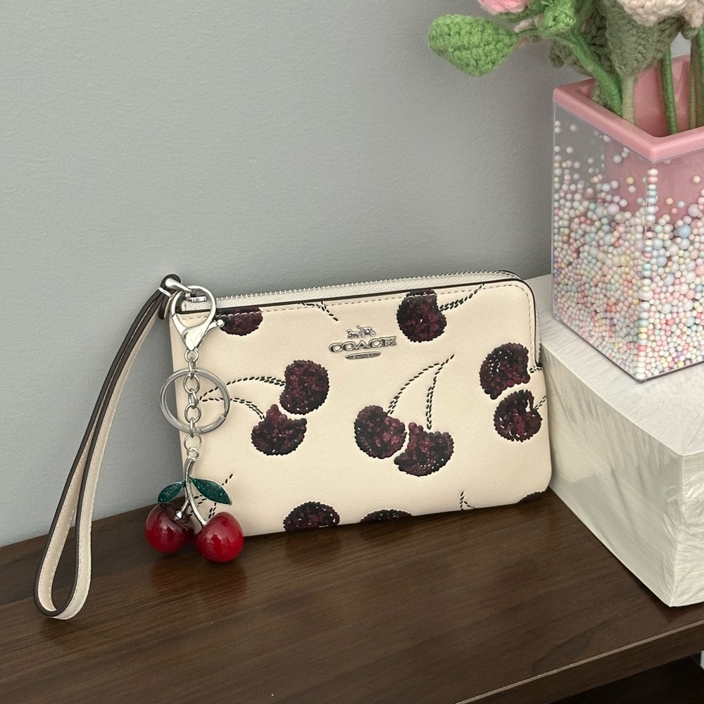 Coach Corner Zip Wristlet Wallet with Cherry Print and Cherry Charm - Picture 8 of 12